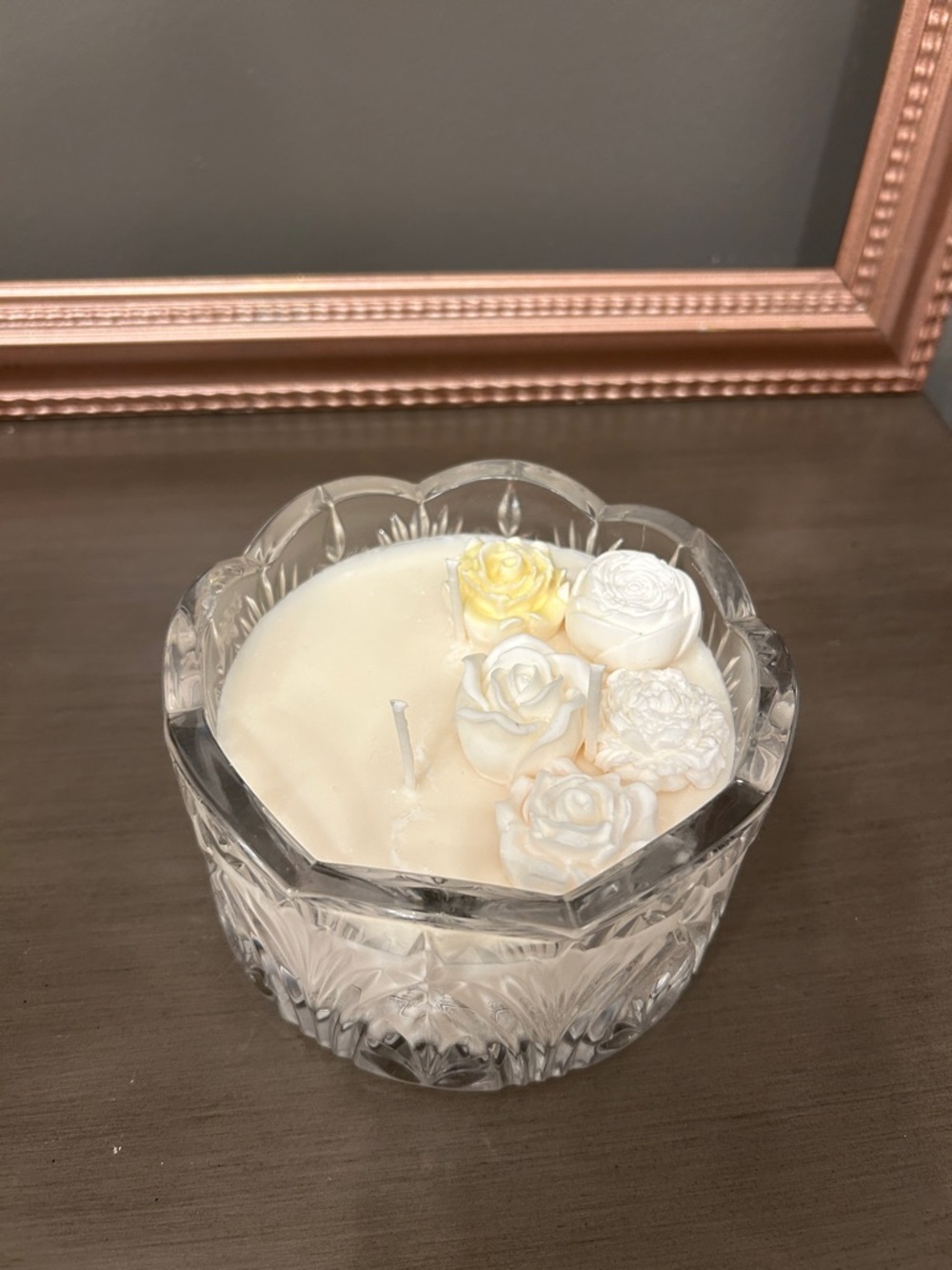 Decorative White Rose Handmade Candle in Clear Vintage Crystal Bowl